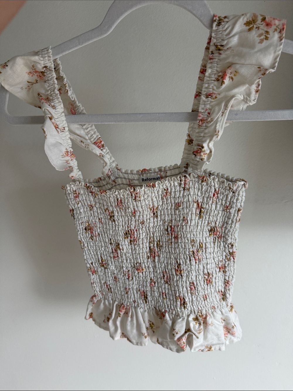 Reformation Cream Smocked Floral Ruffle Tank